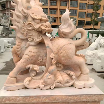 晚霞红石雕庭院寺庙大型动物景观神兽麒麟博鱼网页版